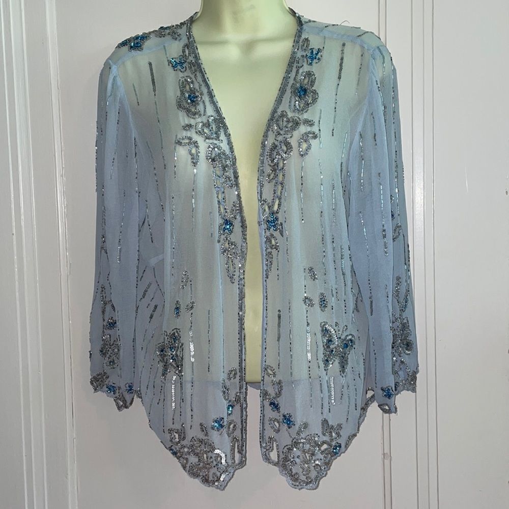 NWT Together light blue sheer dressy‎ coverup jacket with beaded butterflies